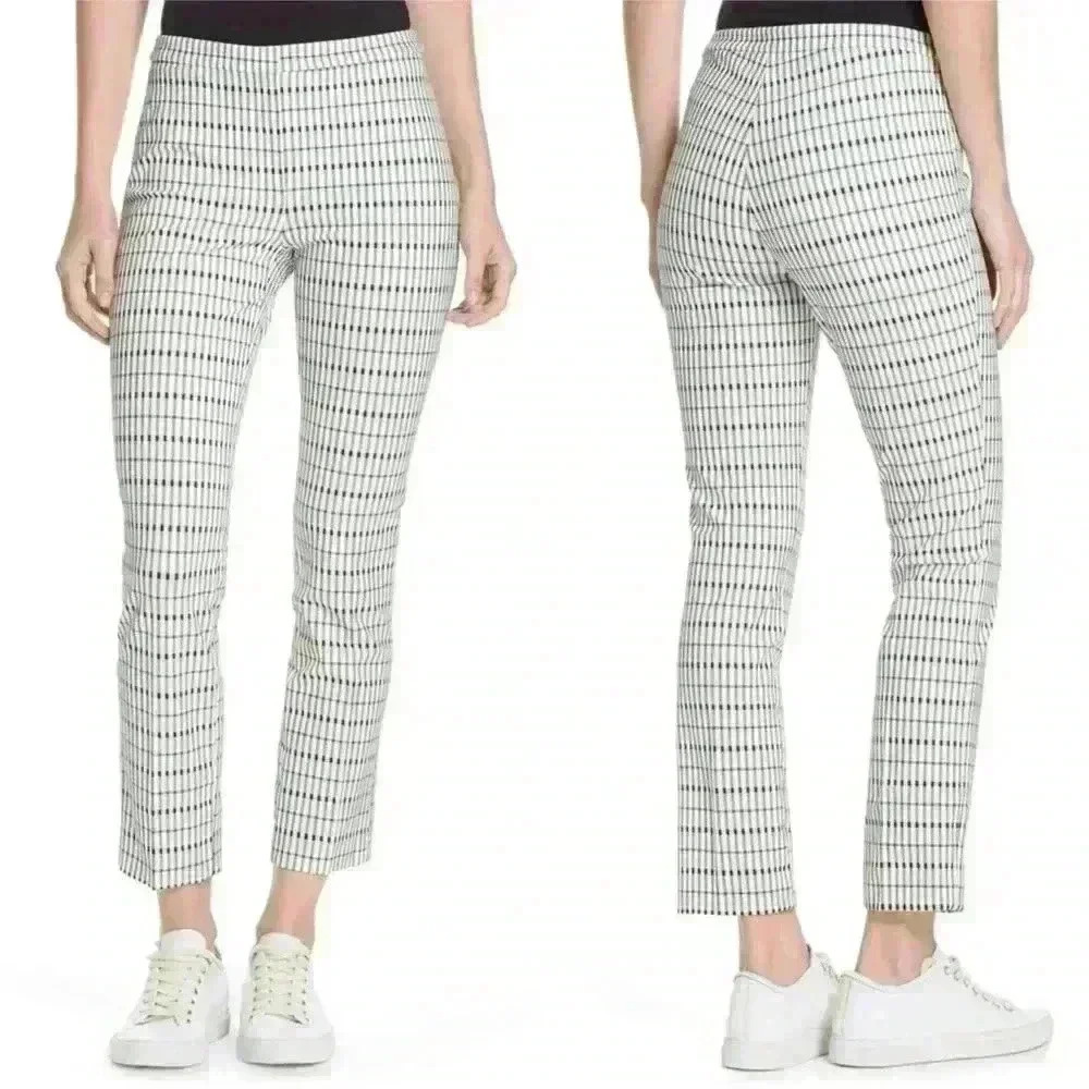 Theory Classic Skinny Pant Plaid Viscose Grid Ivory Black Green Women’s Size 12